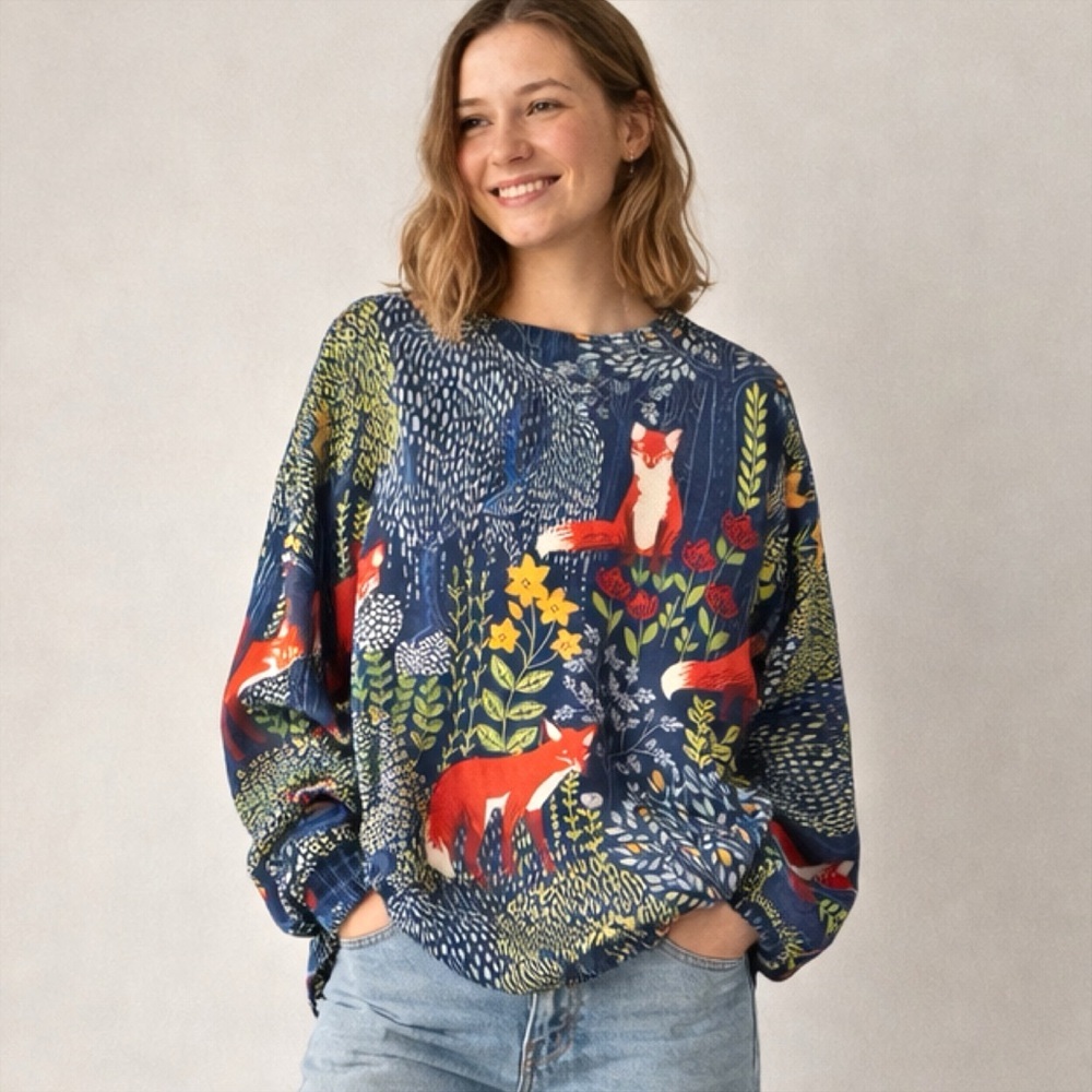 Fox Print Woodland Sweater XL Cottagecore Forestcore Whimsical Animal Pullover